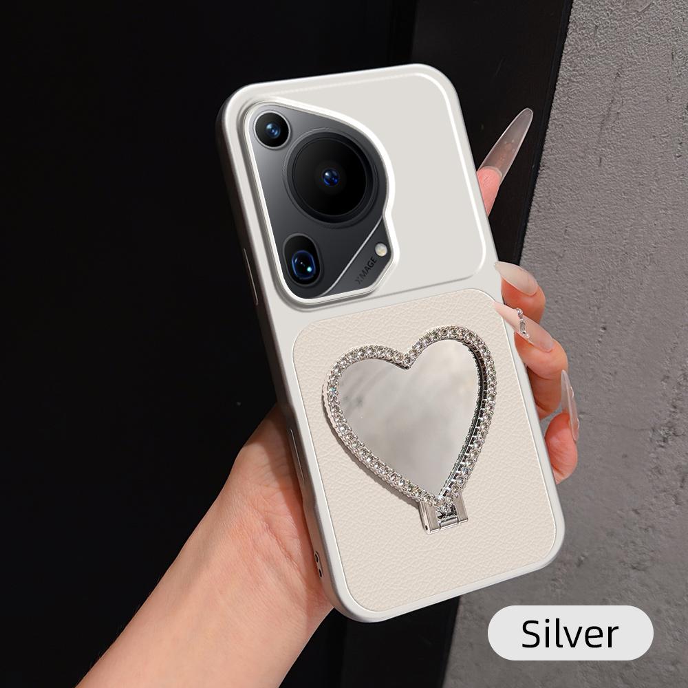 For Huawei Pura 70 Ultra Lambskin Series Skin Feel Shockproof Phone Case with Heart Mirror Holder(Silver)