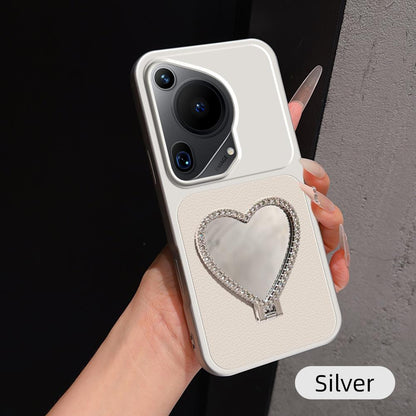 For Huawei Pura 70 Ultra Lambskin Series Skin Feel Shockproof Phone Case with Heart Mirror Holder(Silver)