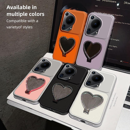 For Huawei Pura 70 Ultra Lambskin Series Skin Feel Shockproof Phone Case with Heart Mirror Holder(Silver)