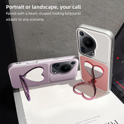 For Huawei Pura 70 Ultra Lambskin Series Skin Feel Shockproof Phone Case with Heart Mirror Holder(Silver)