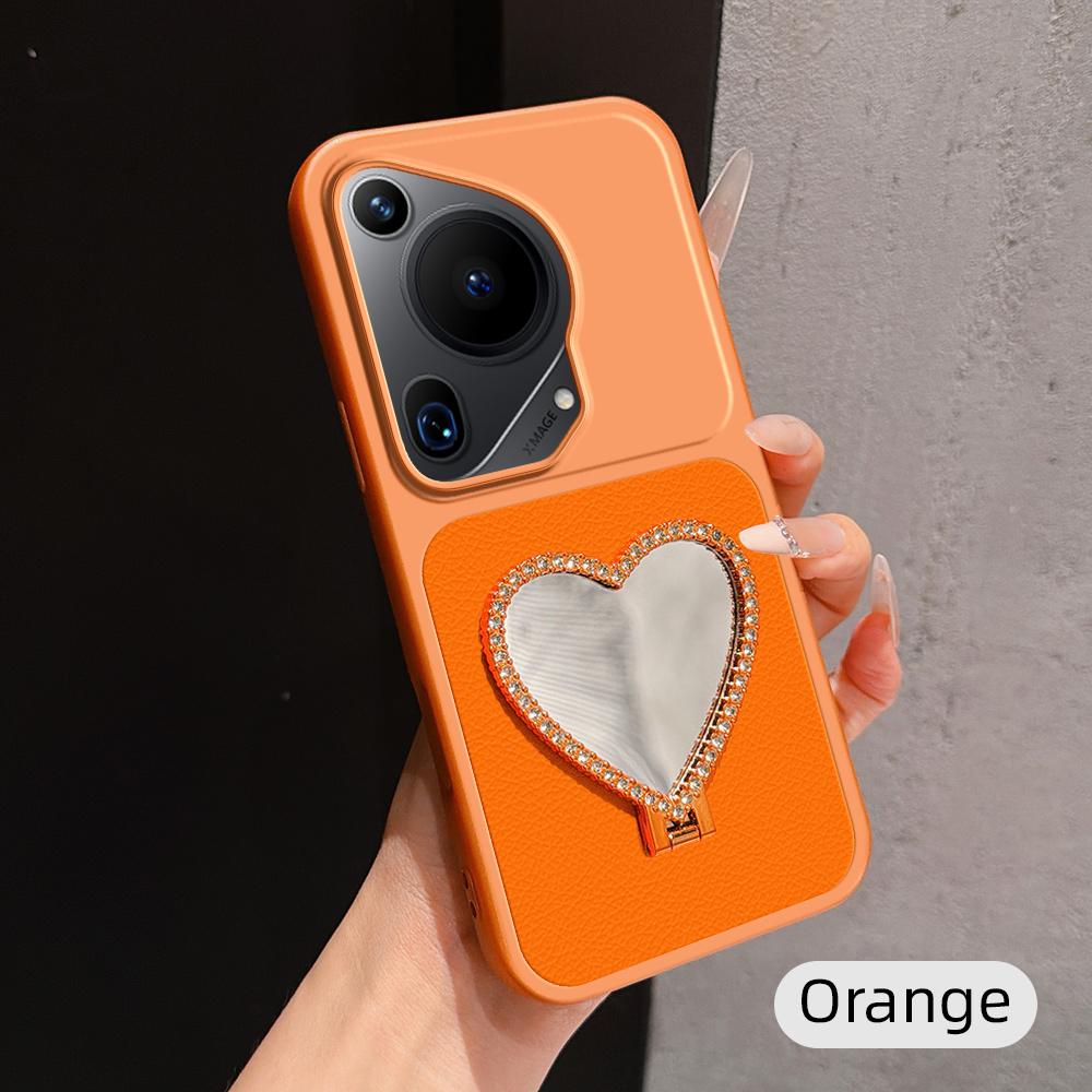 For Huawei Pura 70 Ultra Lambskin Series Skin Feel Shockproof Phone Case with Heart Mirror Holder(Orange)
