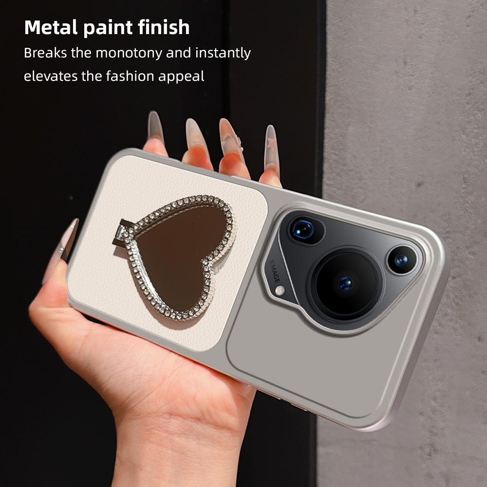 For Huawei Pura 70 Ultra Lambskin Series Skin Feel Shockproof Phone Case with Heart Mirror Holder(Orange)