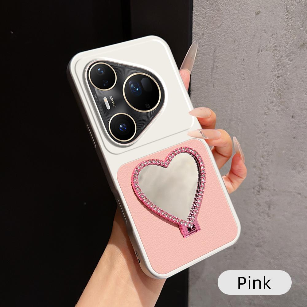 For Huawei Pura 80 Ultra 5G Lambskin Series Skin Feel Shockproof Phone Case with Heart Mirror Holder(Pink)