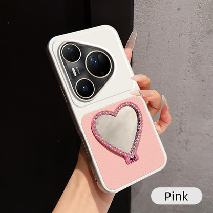 For Huawei Pura 80 Ultra 5G Lambskin Series Skin Feel Shockproof Phone Case with Heart Mirror Holder(Pink)