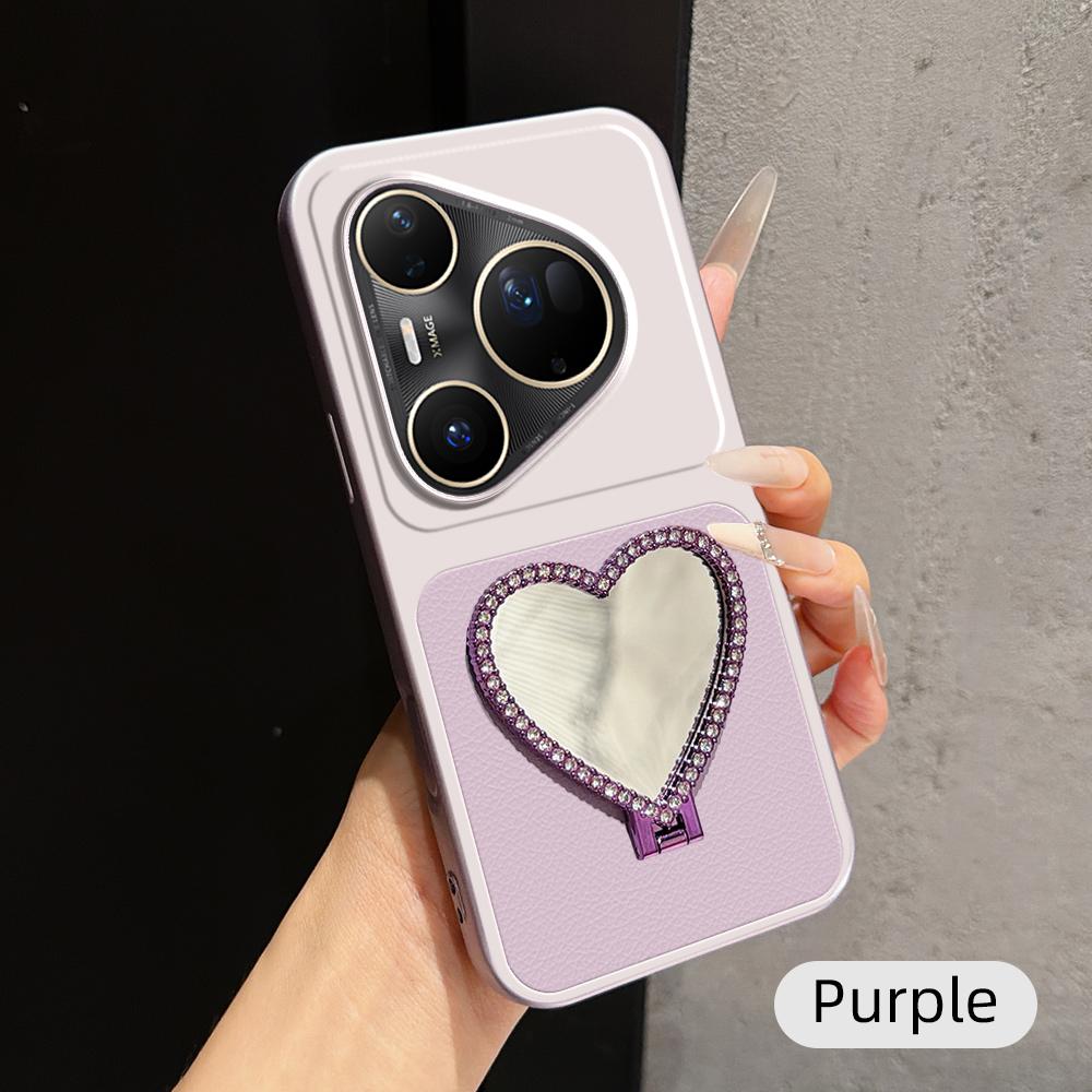 For Huawei Pura 80 Ultra 5G Lambskin Series Skin Feel Shockproof Phone Case with Heart Mirror Holder(Purple)