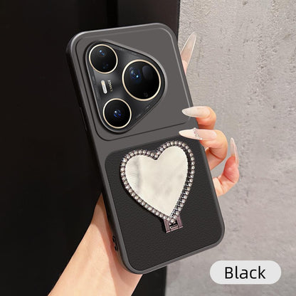 For Huawei Pura 80 Ultra 5G Lambskin Series Skin Feel Shockproof Phone Case with Heart Mirror Holder(Black)
