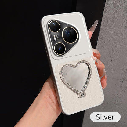 For Huawei Pura 80 Ultra 5G Lambskin Series Skin Feel Shockproof Phone Case with Heart Mirror Holder(Silver)