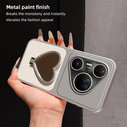 For Huawei Pura 80 Ultra 5G Lambskin Series Skin Feel Shockproof Phone Case with Heart Mirror Holder(Silver)