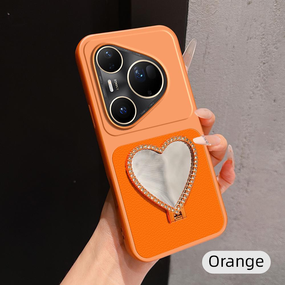 For Huawei Pura 80 Ultra 5G Lambskin Series Skin Feel Shockproof Phone Case with Heart Mirror Holder(Orange)