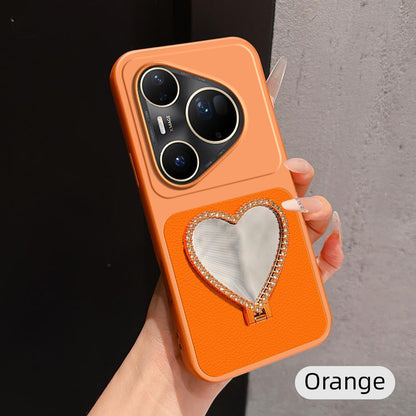 For Huawei Pura 80 Ultra 5G Lambskin Series Skin Feel Shockproof Phone Case with Heart Mirror Holder(Orange)