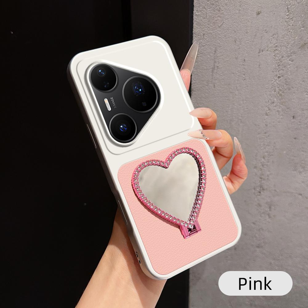 For Huawei Pura 80 Pro 5G Lambskin Series Skin Feel Shockproof Phone Case with Heart Mirror Holder(Pink)