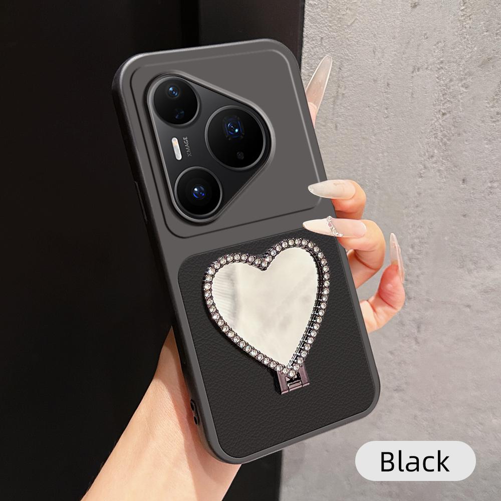 For Huawei Pura 80 Pro 5G Lambskin Series Skin Feel Shockproof Phone Case with Heart Mirror Holder(Black)