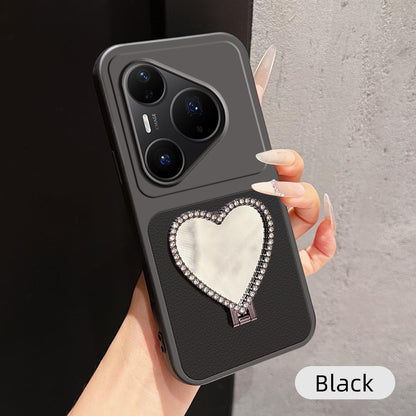 For Huawei Pura 80 Pro 5G Lambskin Series Skin Feel Shockproof Phone Case with Heart Mirror Holder(Black)