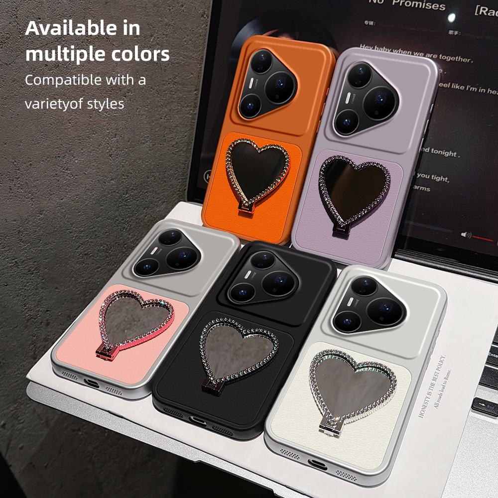 For Huawei Pura 80 Pro 5G Lambskin Series Skin Feel Shockproof Phone Case with Heart Mirror Holder(Black)