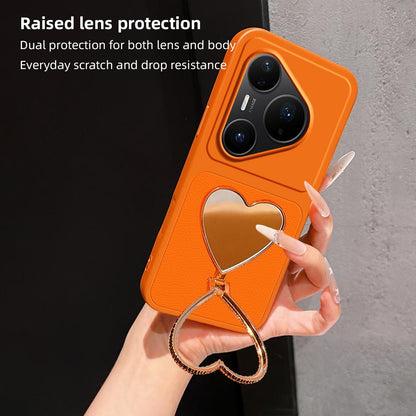 For Huawei Pura 80 Pro 5G Lambskin Series Skin Feel Shockproof Phone Case with Heart Mirror Holder(Black)