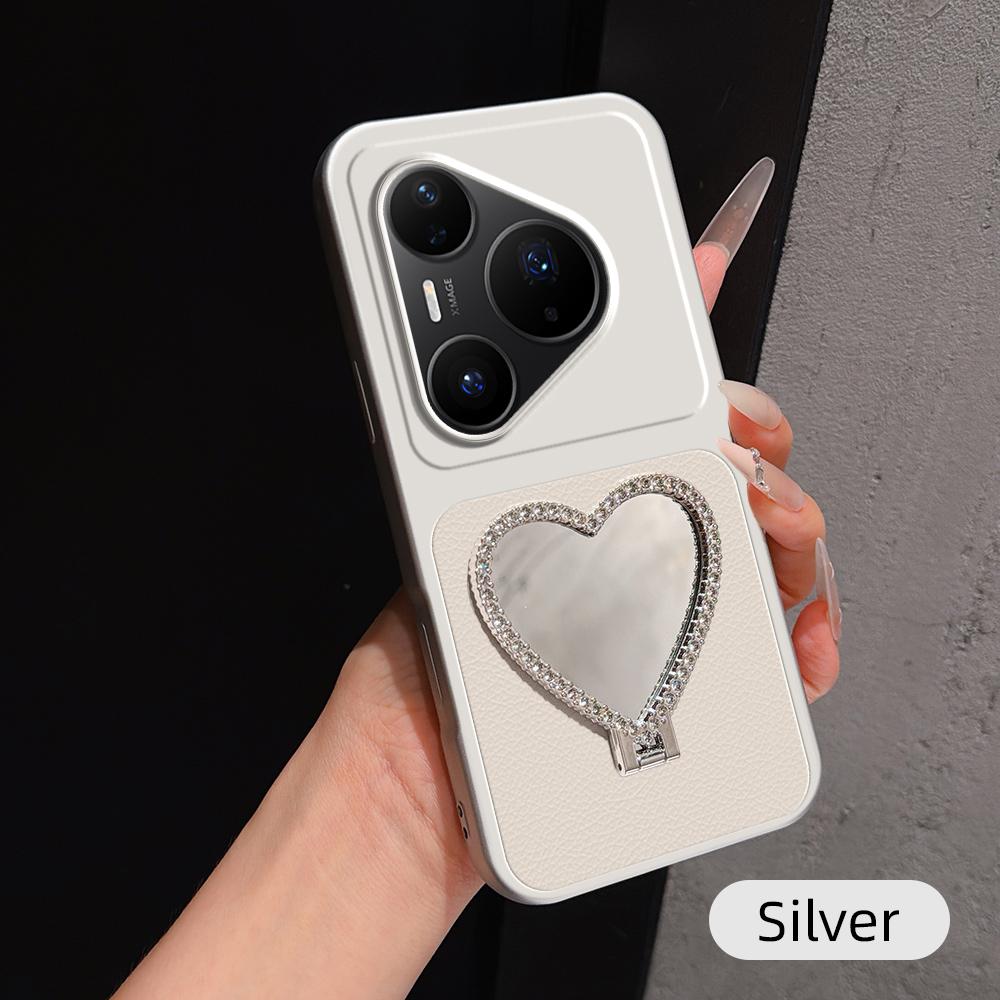 For Huawei Pura 80 Pro 5G Lambskin Series Skin Feel Shockproof Phone Case with Heart Mirror Holder(Silver)