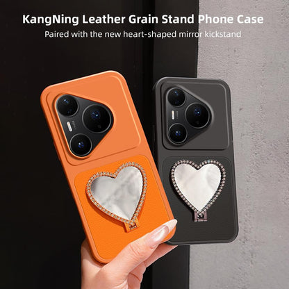 For Huawei Pura 80 Pro 5G Lambskin Series Skin Feel Shockproof Phone Case with Heart Mirror Holder(Silver)