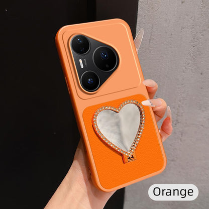 For Huawei Pura 80 Pro 5G Lambskin Series Skin Feel Shockproof Phone Case with Heart Mirror Holder(Orange)