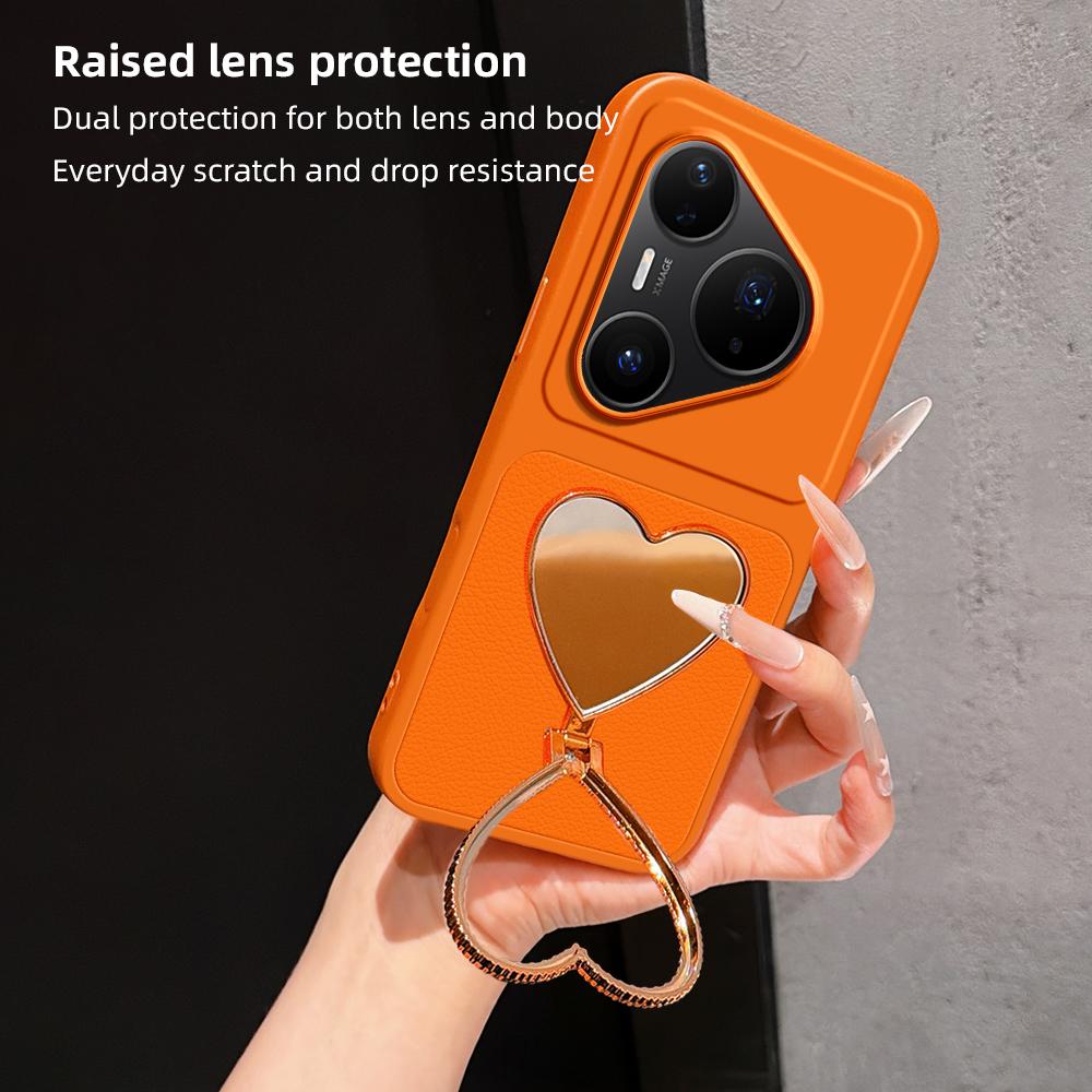 For Huawei Pura 80 Pro 5G Lambskin Series Skin Feel Shockproof Phone Case with Heart Mirror Holder(Orange)