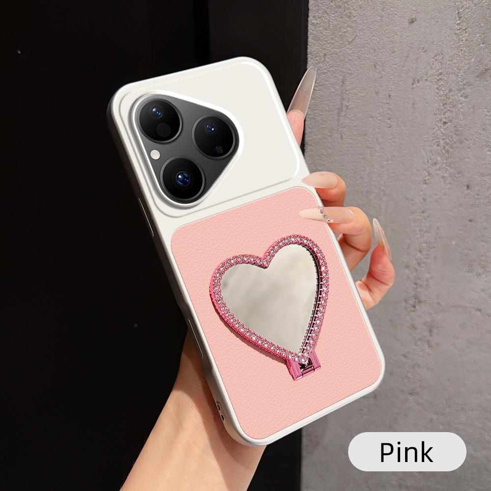 For Huawei Pura 80 5G Lambskin Series Skin Feel Shockproof Phone Case with Heart Mirror Holder(Pink)