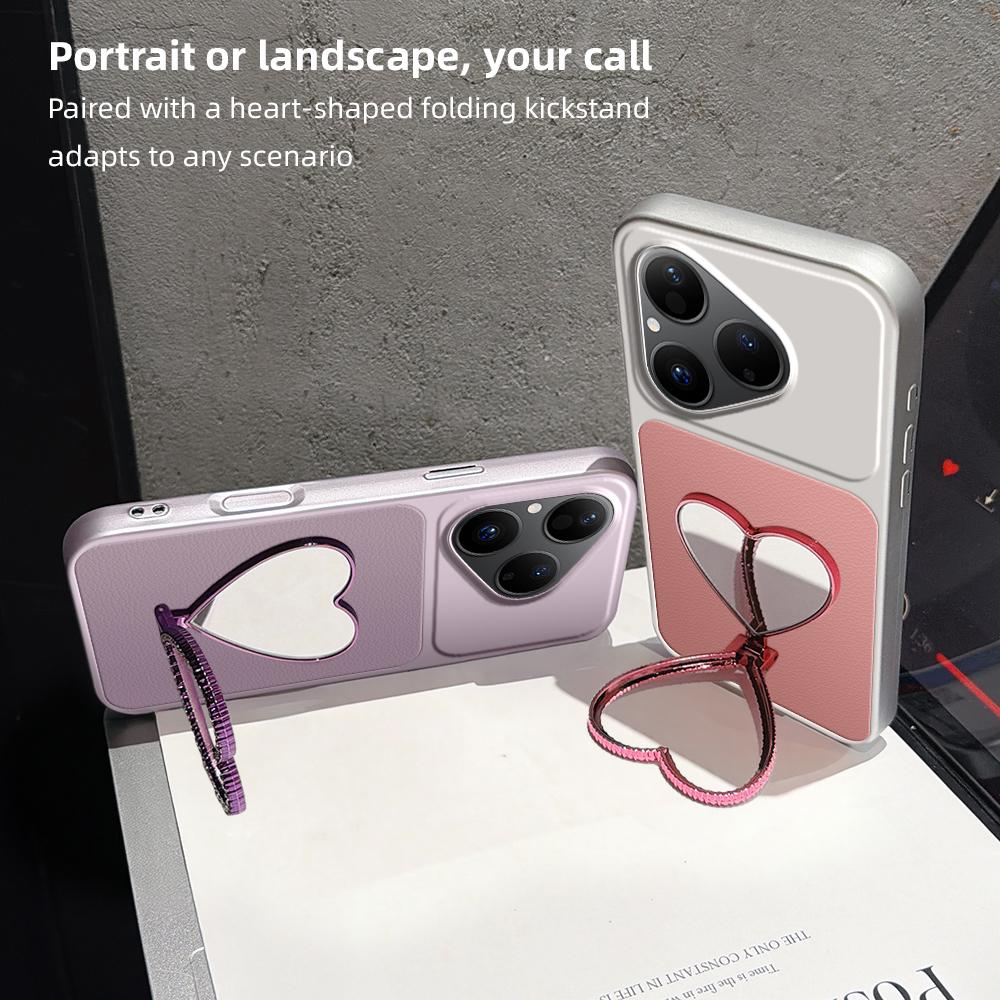 For Huawei Pura 80 5G Lambskin Series Skin Feel Shockproof Phone Case with Heart Mirror Holder(Pink)