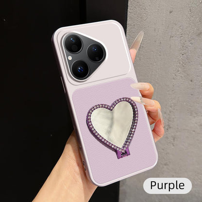 For Huawei Pura 80 5G Lambskin Series Skin Feel Shockproof Phone Case with Heart Mirror Holder(Purple)