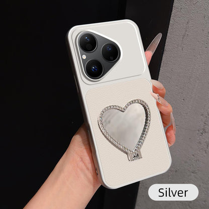 For Huawei Pura 80 5G Lambskin Series Skin Feel Shockproof Phone Case with Heart Mirror Holder(Silver)