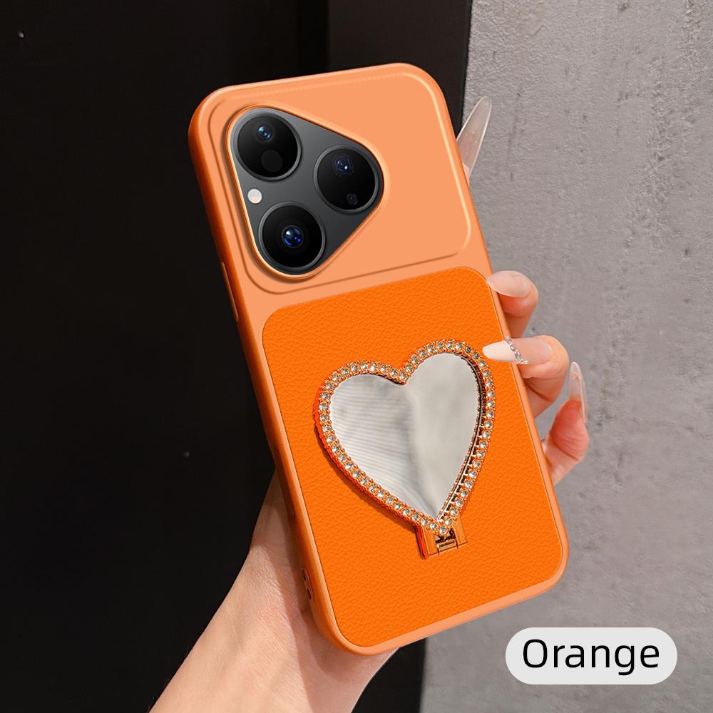 For Huawei Pura 80 5G Lambskin Series Skin Feel Shockproof Phone Case with Heart Mirror Holder(Orange)