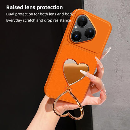 For Huawei Pura 80 5G Lambskin Series Skin Feel Shockproof Phone Case with Heart Mirror Holder(Orange)