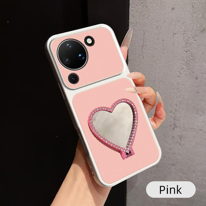 For Huawei Pura 90 5G Lambskin Series Skin Feel Shockproof Phone Case with Heart Mirror Holder - Pink - EDA009994331A
