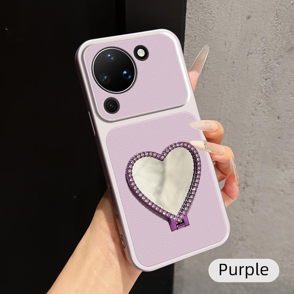 For Huawei Pura 90 5G Lambskin Series Skin Feel Shockproof Phone Case with Heart Mirror Holder - Purple - EDA009994331B