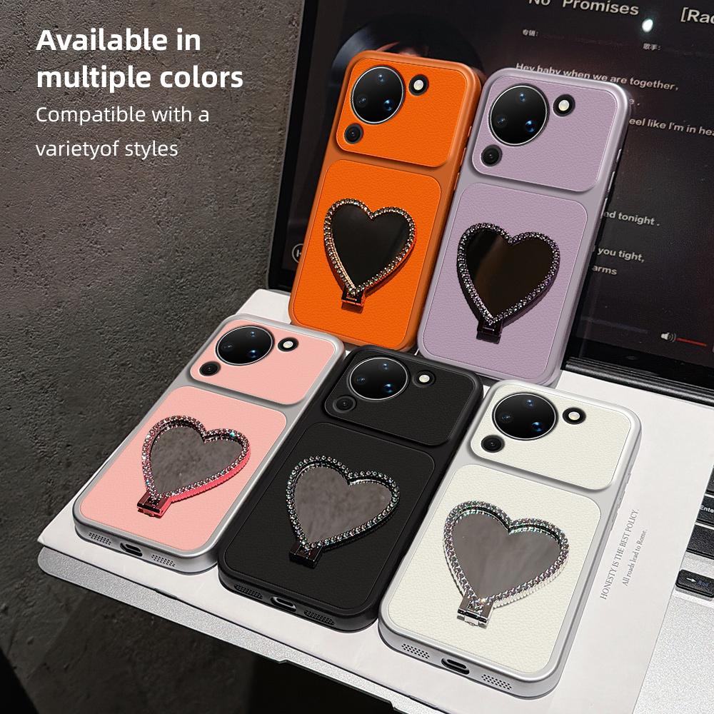 For Huawei Pura 90 5G Lambskin Series Skin Feel Shockproof Phone Case with Heart Mirror Holder - Black - EDA009994331C