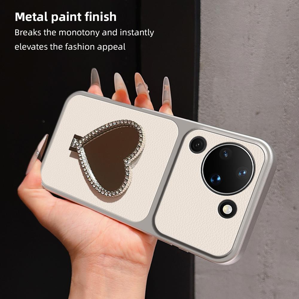 For Huawei Pura 90 5G Lambskin Series Skin Feel Shockproof Phone Case with Heart Mirror Holder - Orange - EDA009994331E