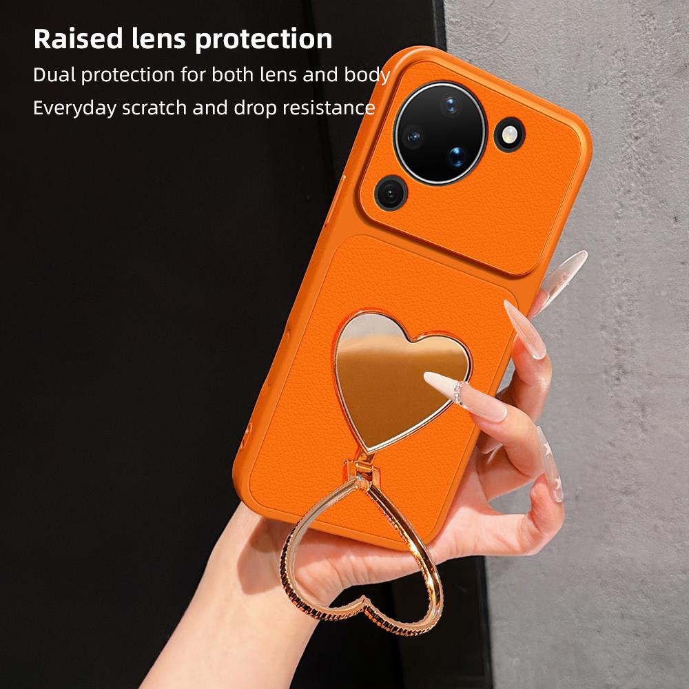 For Huawei Pura 90 5G Lambskin Series Skin Feel Shockproof Phone Case with Heart Mirror Holder - Orange - EDA009994331E