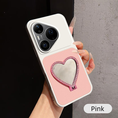 For Huawei Pura 90 Pro 5G Lambskin Series Skin Feel Shockproof Phone Case with Heart Mirror Holder - Pink - EDA009994332A