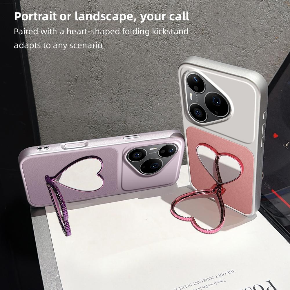 For Huawei Pura 90 Pro 5G Lambskin Series Skin Feel Shockproof Phone Case with Heart Mirror Holder - Pink - EDA009994332A