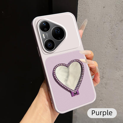 For Huawei Pura 90 Pro 5G Lambskin Series Skin Feel Shockproof Phone Case with Heart Mirror Holder - Purple - EDA009994332B