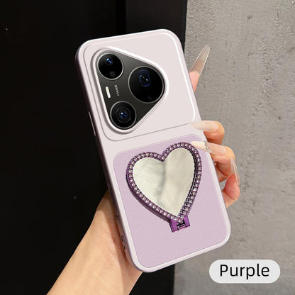For Huawei Pura 90 Pro Max 5G Lambskin Series Skin Feel Shockproof Phone Case with Heart Mirror Holder - Purple - EDA009994333B