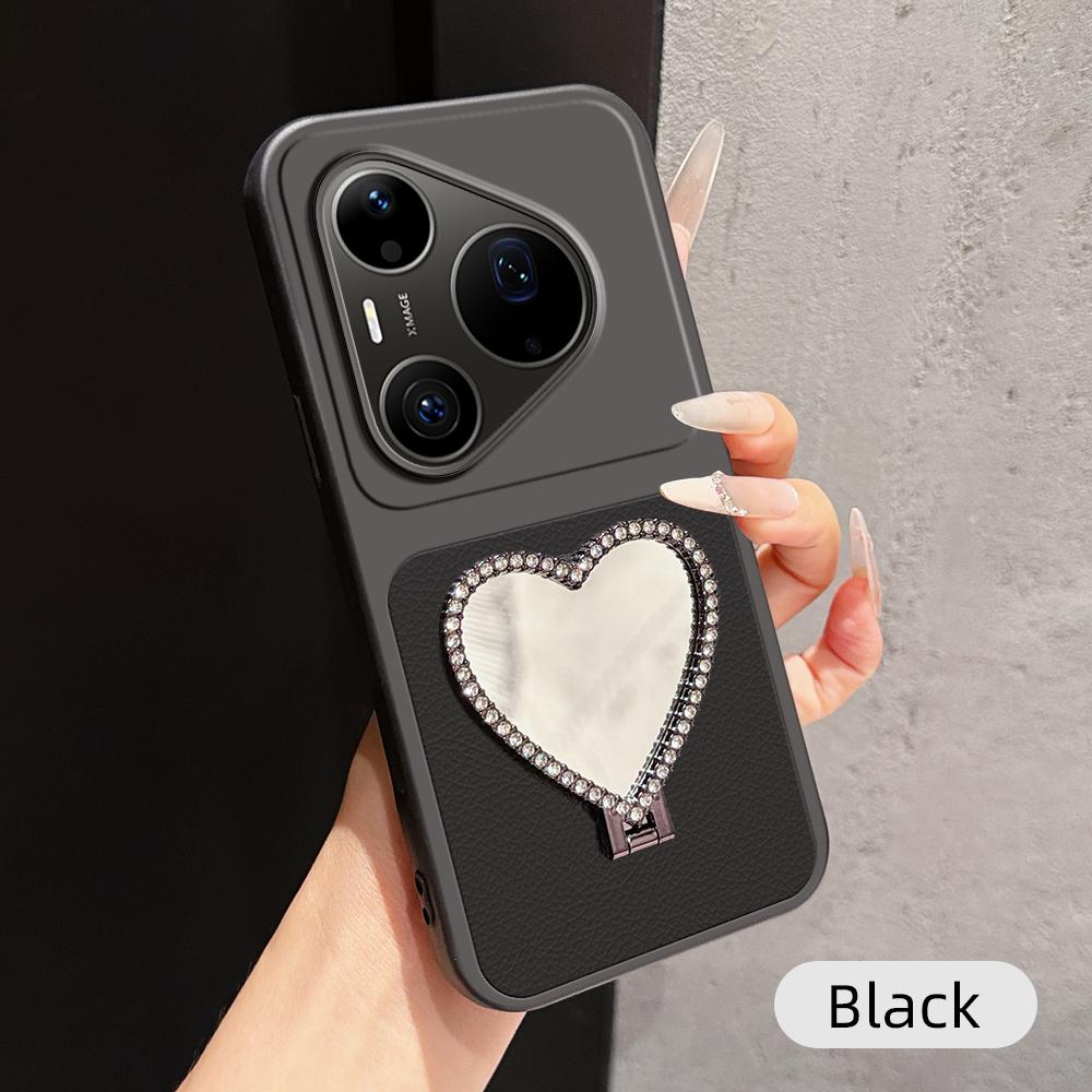 For Huawei Pura 90 Pro Max 5G Lambskin Series Skin Feel Shockproof Phone Case with Heart Mirror Holder - Black - EDA009994333C