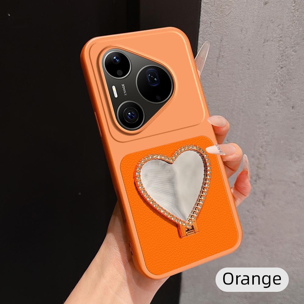 For Huawei Pura 90 Pro Max 5G Lambskin Series Skin Feel Shockproof Phone Case with Heart Mirror Holder - Orange - EDA009994333E