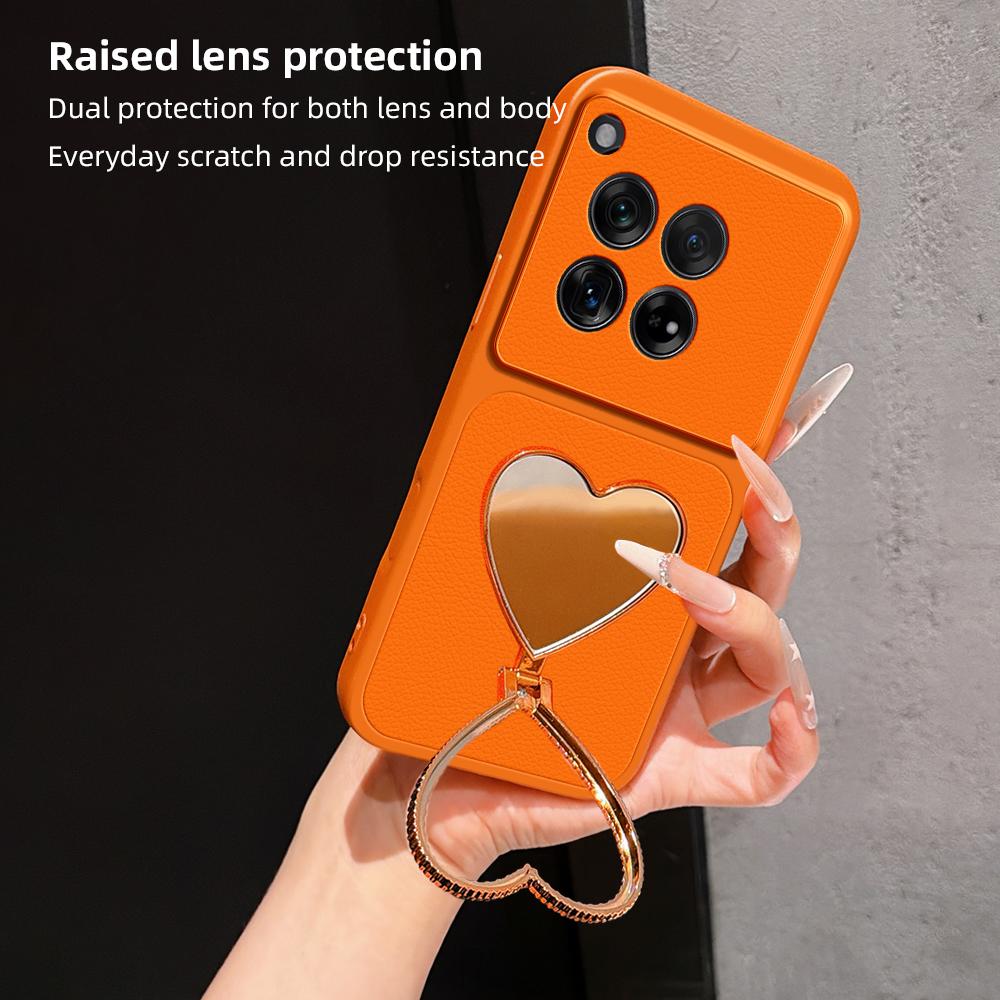 For OnePlus 12 Lambskin Series Skin Feel Shockproof Phone Case with Heart Mirror Holder - Silver - EDA009995102D