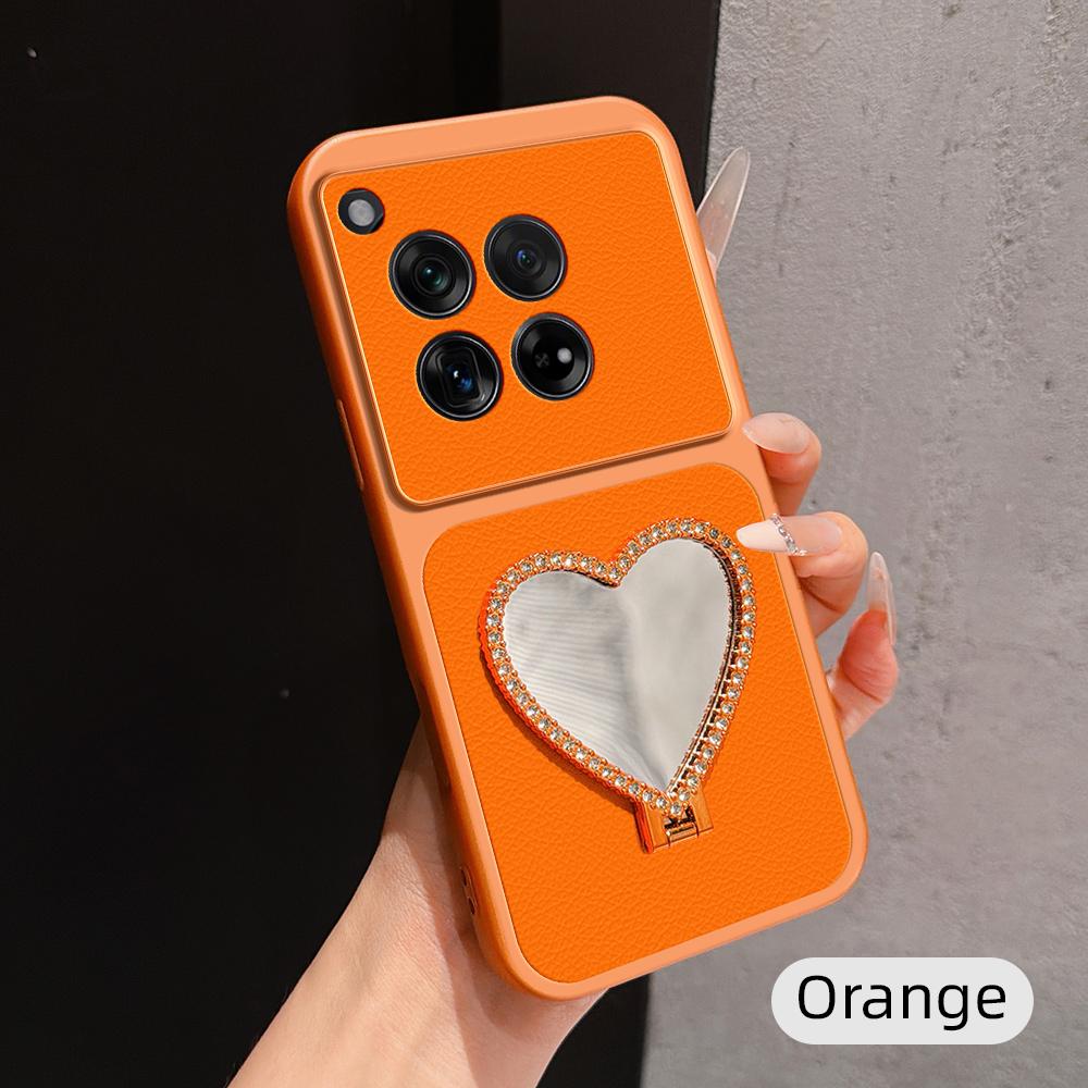 For OnePlus 12 Lambskin Series Skin Feel Shockproof Phone Case with Heart Mirror Holder - Orange - EDA009995102E
