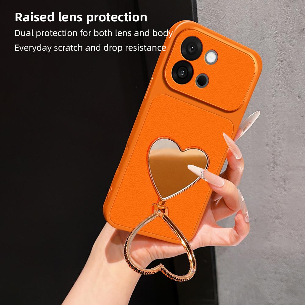 For OnePlus 13T Lambskin Series Skin Feel Shockproof Phone Case with Heart Mirror Holder - Black - EDA009995104C