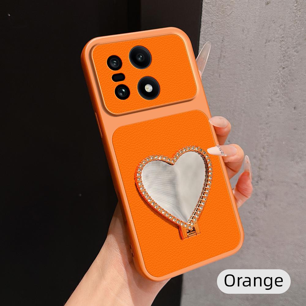 For OnePlus 15 Lambskin Series Skin Feel Shockproof Phone Case with Heart Mirror Holder - Orange - EDA009995106E