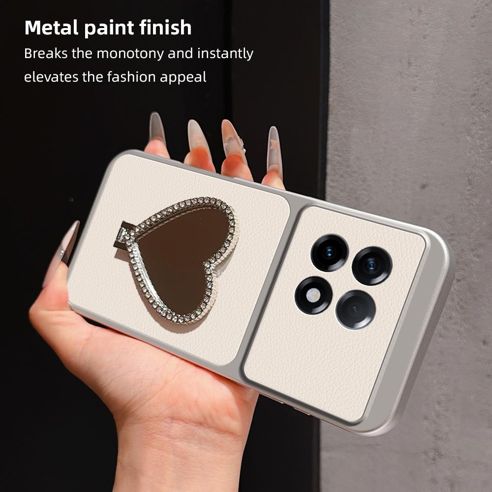For OnePlus Ace 2 Lambskin Series Skin Feel Shockproof Phone Case with Heart Mirror Holder - Silver - EDA009995107D