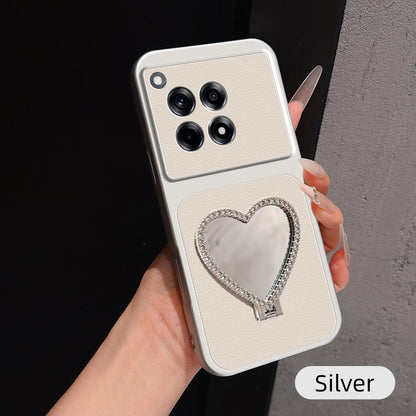 For OnePlus Ace 3 Lambskin Series Skin Feel Shockproof Phone Case with Heart Mirror Holder - Silver - EDA009995110D