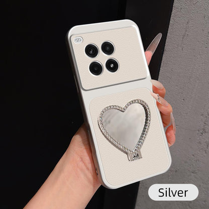 For OnePlus Ace 3 Pro Lambskin Series Skin Feel Shockproof Phone Case with Heart Mirror Holder - Silver - EDA009995111D