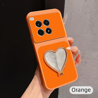 For OnePlus Ace 3 Pro Lambskin Series Skin Feel Shockproof Phone Case with Heart Mirror Holder - Orange - EDA009995111E