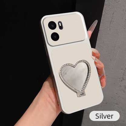For OnePlus Ace 6 Ultra Lambskin Series Skin Feel Shockproof Phone Case with Heart Mirror Holder - Silver - EDA009995116D