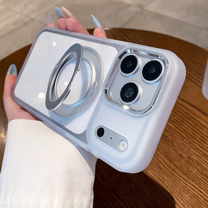 For iPhone 18 Pro Max Clear Back Design 360 Degree Rotating Magnetic Holder Phone Case(White)